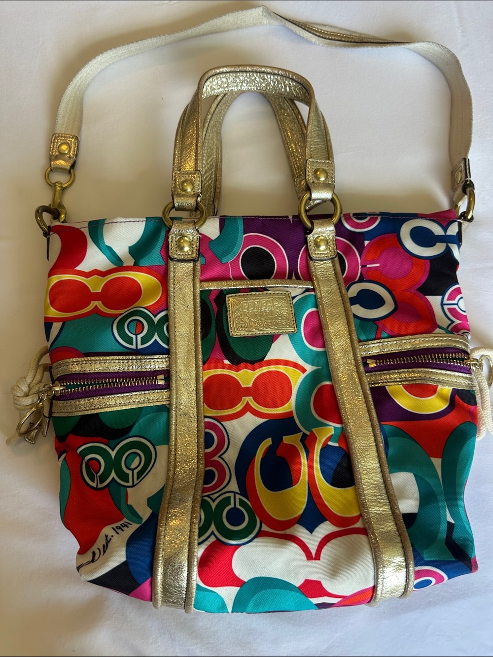 Coach Multicolor Geometric Print Tote with Gold Trim Poppy